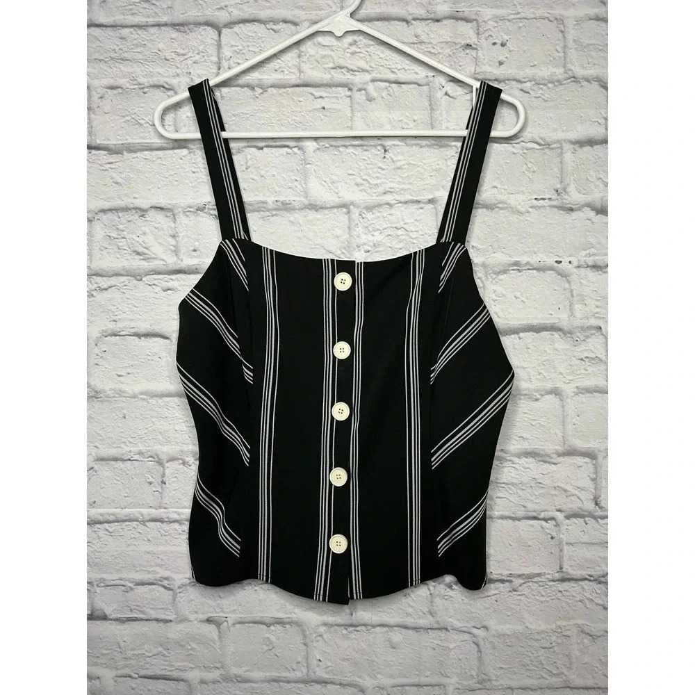 NWT Vince Camuto Womens Black Striped Square Neck Tank Top M.